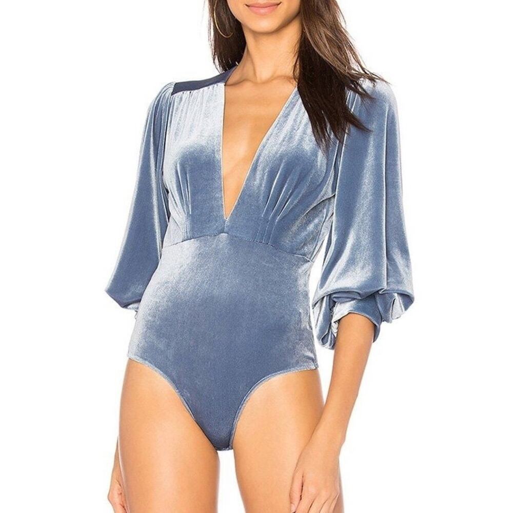 MISA Los Angeles Reem Bodysuit in Blue Velvet Size Small Boho